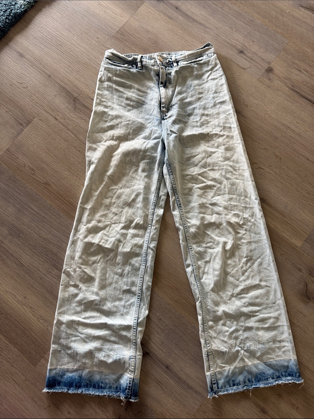 High-Rise Wide Leg Jeans in Washed Beige with Blue Hem